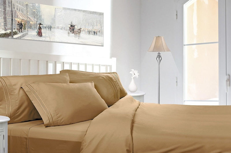 Clara Clark Premier 1800 Collection 6pc Bed Sheet Set with Extra Pillowcases - Queen, Camel Gold