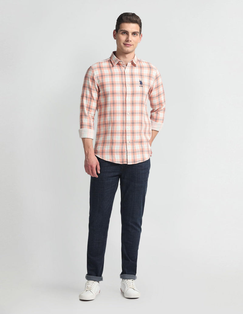 U.S. POLO ASSN. Men's Checkered Slim Fit Shirt (UDSHT0931_Peach