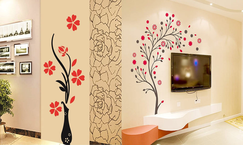 Ghar Kraft Set of 2 Wall Sticker Flower Vase Red and Magical Tree Wall Sticker(Polyvinyl Chloride), Self-Adhesive