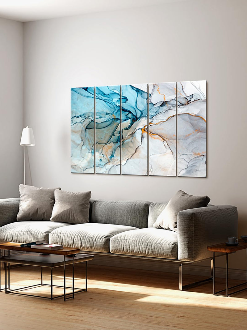 999STORE Blue and white abstract paintings for living room bedroom hall wall decor wall art panels hanging abstract painting Set of 5 frames (130 X 76 Cm) M5Frames0420