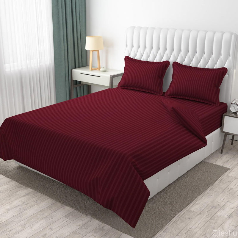 Bed Stylo Heavy Glace Cotton Double Bed Satin Stripe Bedsheet | 90"X100" (Maroon)