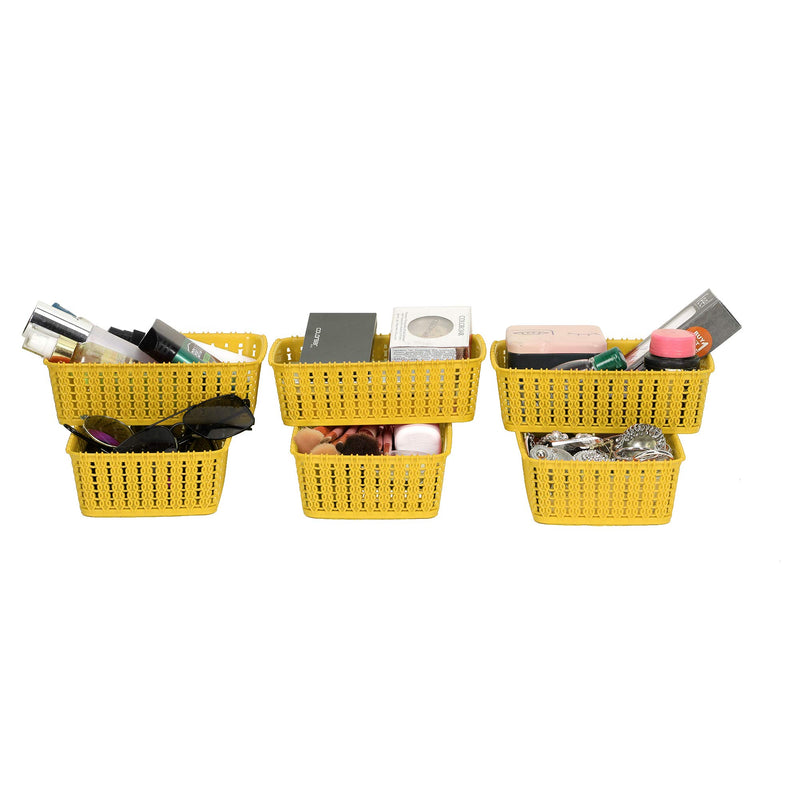 Cutting EDGE Plastic Multipurpose Sturdy Storage Baskets For Cosmetics Office Fruit Vegetable Bathroom Stationary Home Basket with Handle - Yellow (Set of 6, Mini)