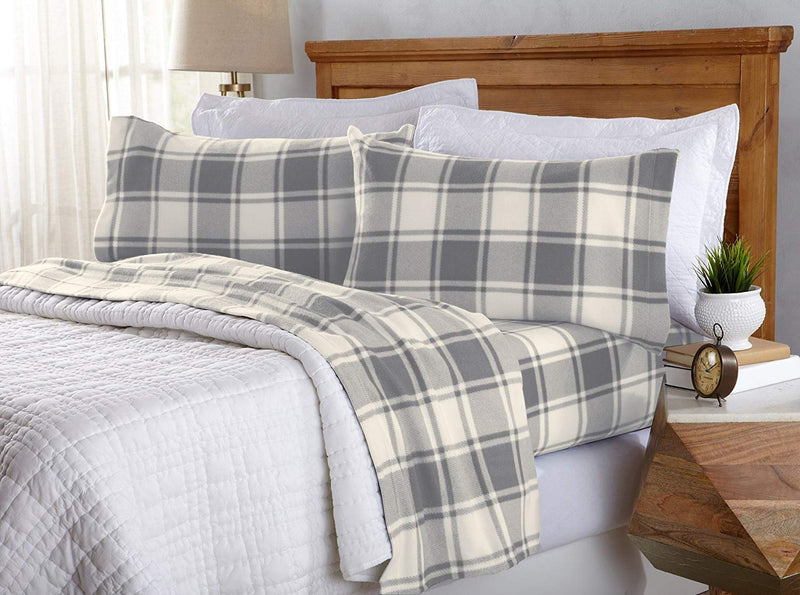 Great Bay Home Super Soft Extra Plush Plaid Fleece Sheet Set. Cozy, Warm, Durable, Smooth, Breathable Winter Sheets with Plaid Pattern. Dara Collection Brand. (Queen, Grey)