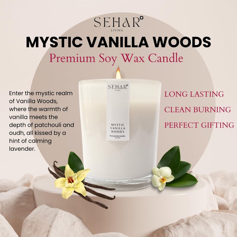 Sehar Living Enchanted Elegance Collection - Mystic Vanilla Woods | 200 Gm | Pure Soy Wax | Burn Time - 40-50 Hours | Reusable Glass Jar | Long Lasting | Clean Burning | Hand Poured