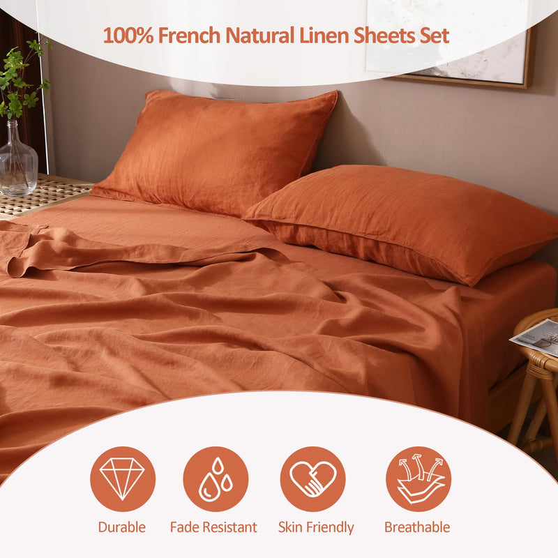 S VICTORY SYMBOL 100% French Linen Sheet Set Stone Washed 4 Pieces Natural Flax Bedding Set Ultra Soft Luxurious Sheets Set(Caramel,King)