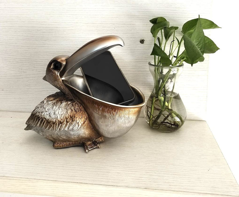 Creative Resin Statues The Pelican Statue Birds Figurines,Cell Phone and Keys Holder Adornments for Home & Office Desk Decor 8.1" inches (Silver)