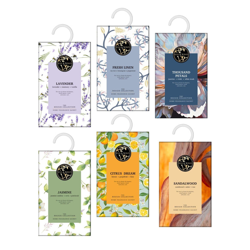 Soul & Scents Fragrance Sachet | Sandalwood,Lavender,Fresh Linen,Citrus Dream,Jasmine,Thousand Petals - Versatile Air Freshener for Car, Wardrobe, Kitchen, and Travel Bag | Pack of 6-20gm Each