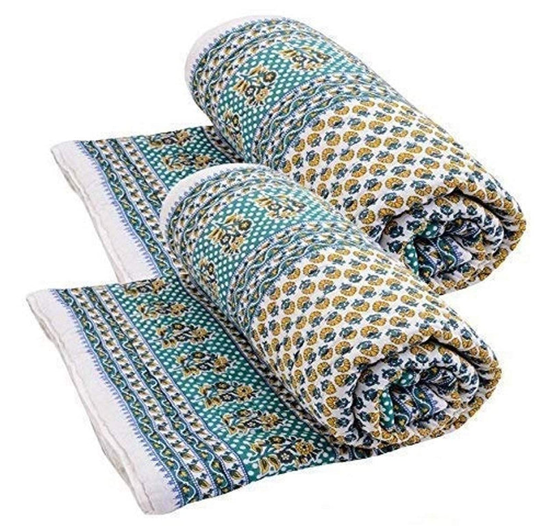 HOPEE SHOP Cotton Razai Jaipuri Floral Print Traditional Rajasthani Single Bed 210 TC Cotton Quilt/Rajai/Razai/Blanket (Blue Green Yellow) (Set of 2) (55x85 inch Size)