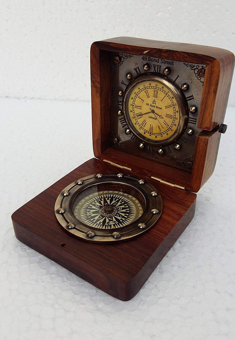 Marine Art Replicas Authentic Clock Compass in Rose Wood Box, Vintage Gift…