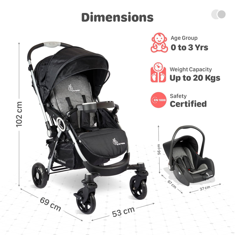 R for Rabbit Baby Travel System Chocolate Ride Baby Stroller & Pram+Infant Car Seat for Kids, Travel Friendly Compact Fold for 0-3 Years Babies, Quick Fold & Sturdy | 6 Months Warranty | (Black Grey)