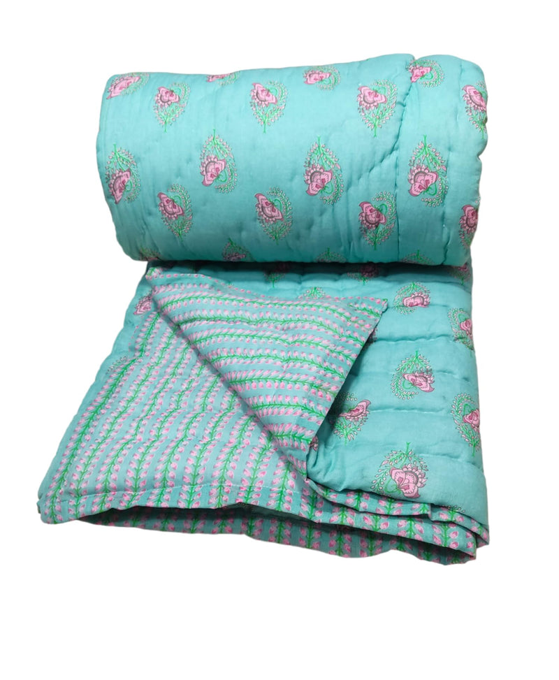 Gnudi Reversible Jaipuri razai for Winter Double Bed/Pure Cotton Jaipuri razai Double Bed/Jaipuri razai Double Bed for mild Winter, 85x100 inch (Sea Green)