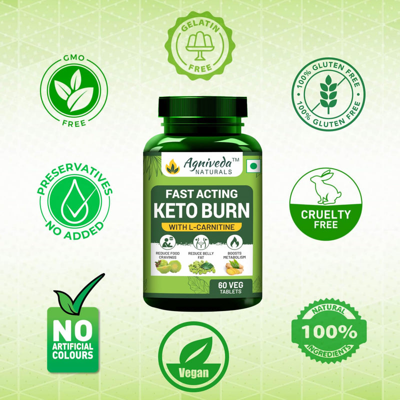 Agniveda Naturals Keto Fat Burn Weight Loss Supplement with L-Carnitine, Green Tea Extract, Appetite Suppressant and Metabolism Booster, Fat Burner for Men and Women - 60 Tablets