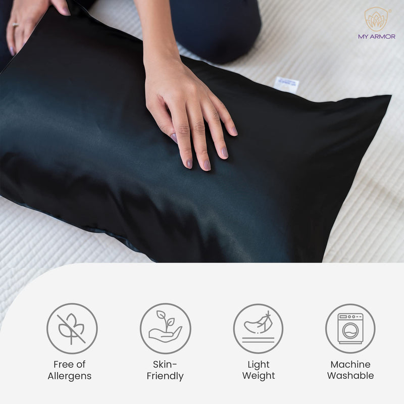 MY ARMOR Premium Satin Silk Pillow Covers for Hair and Skin for Women | 18" x 28" Silk Pillow Cases (Pack of 2) - Black