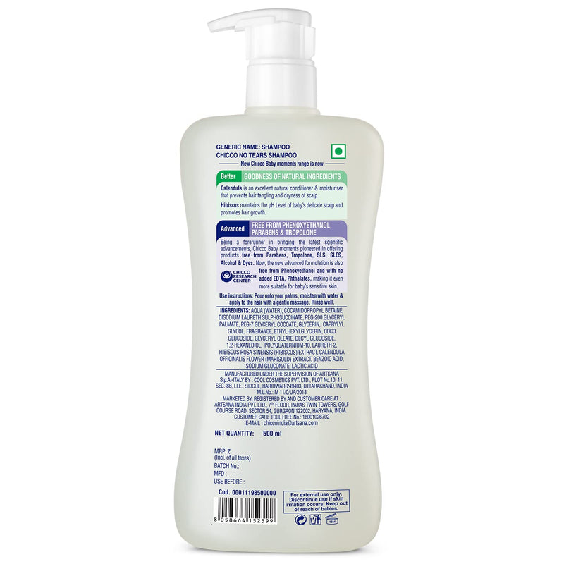 Chicco Baby Moments Shampoo for Tear-Free Bath times, New Advanced formula with Natural Ingredients, Suitable for baby’s tangle Free, smooth hair, No Phenoxyethanol and Parabens (500ml)