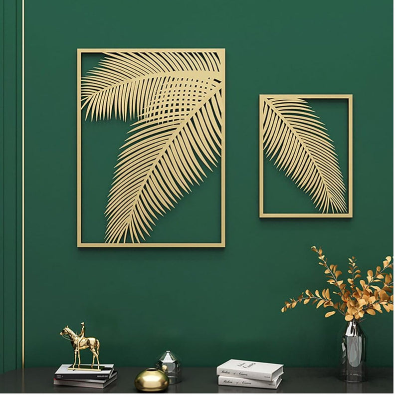 ATEEFA HOME DECOR 2 Pieces gold Metal Palm Leaf Wall Decor Home Art Set | Metal Wall Hanging Art Antique Style Wall Decor Restaurant | Hotel | Home | Bedroom | Living Room (Set of 2) (double leaf golden)