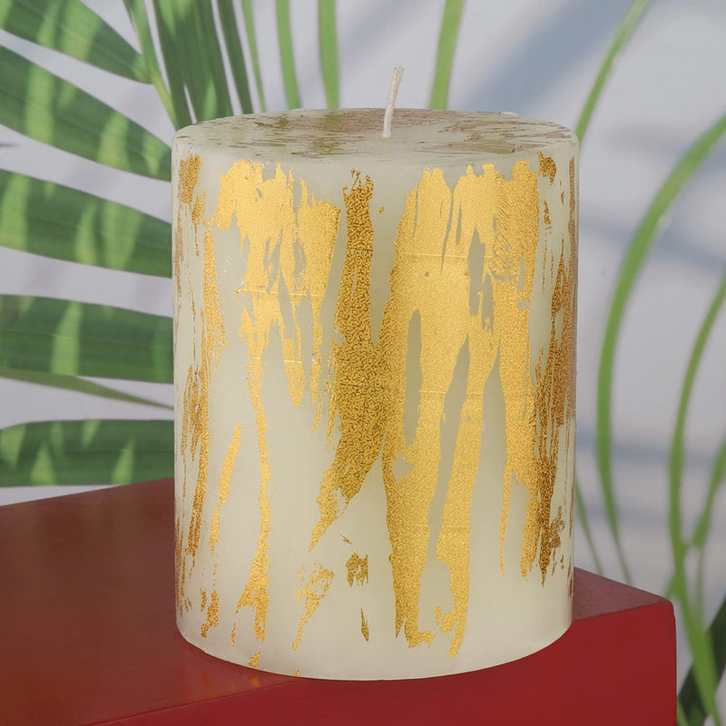 Oceann Gloww Scented White Pillar Candle with Royal Holographic Gold Foil I Dripless I Smokeless I Set of 3 I 3x6 inch I for Home Decor