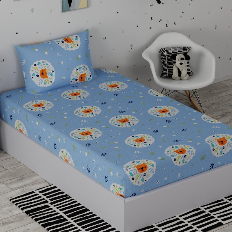 Huesland by Ahmedabad Cotton 186 TC Kids Bedsheet for Single Bed with 1 Pillow Cover - Powder Blue & White