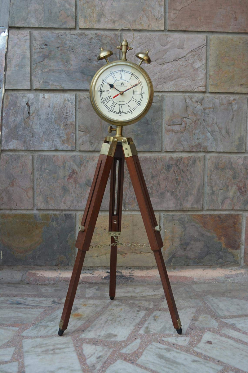 Nautical Art Brass Floor Table Clock with Wooden Tripod Stand (Brown)