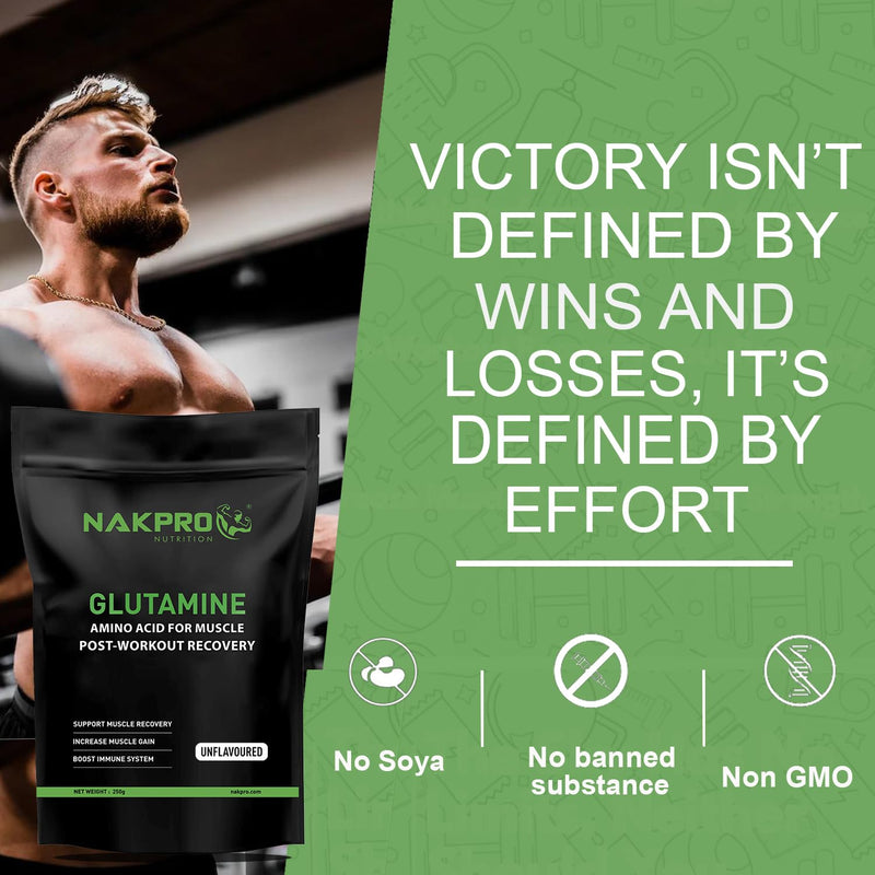 Nakpro L-Glutamine Powder | 4g Glutamine Per Serving, 50 Servings | Post Workout Amino Acid Supplement for Muscle Growth and Recovery (Unflavoured, 250g)