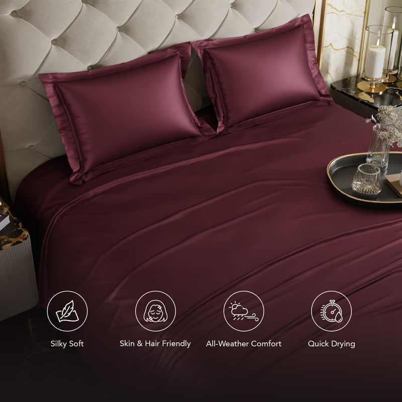 Stoa Paris Satin Bedsheets for Double Bed - 300TC Premium Bedsheet with 2 Pillow Covers, Gift for Couples for Romantic Dates, Luxury Bedding Set, Wedding - Velvet Wine