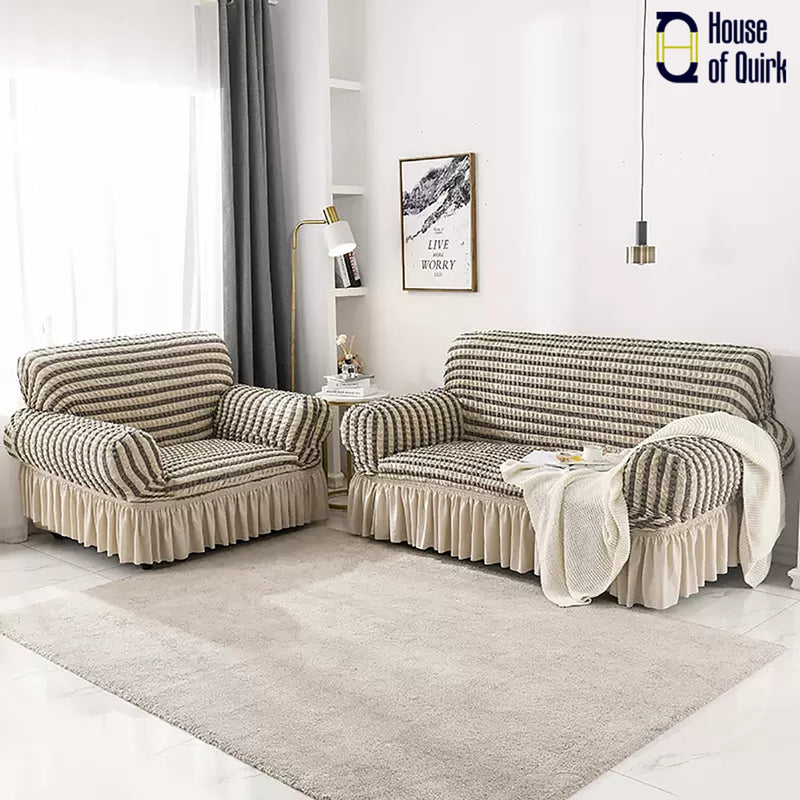 House of Quirk Turkish Bubble Frill 280 GSM Sofa Slipcovers, Durable Washable Universal Triple Seater High Elastic Furniture Protector (Grey Stripe, 185-230cm)