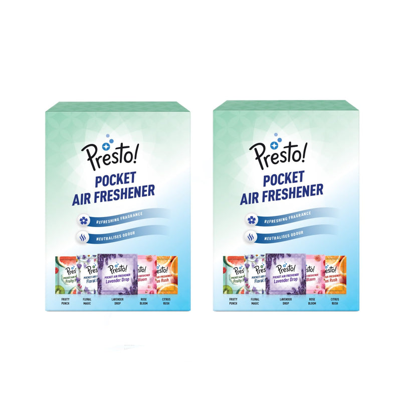 Amazon Brand - Presto! Pocket Air Freshener, Refreshing Fragrance that Lasts Up to 30 Days (5 Assorted Fragrances x 2 Packs, 100 Gms)