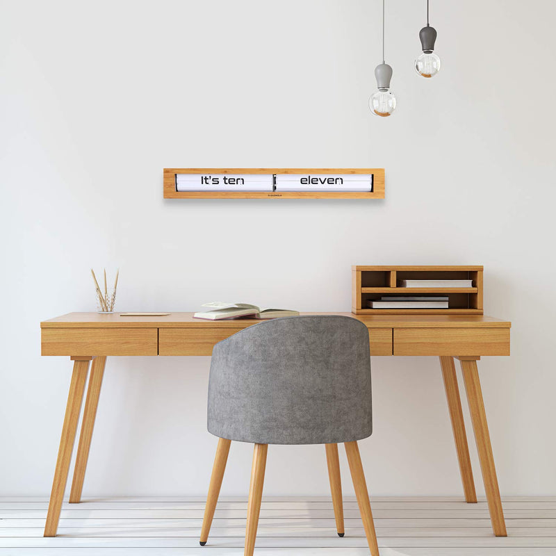 Cloudnola Texttime Wood Wall and Tabletop Flip Clock and Wall Decor, Bamboo and White, 24 inches Wide, Battery Operated Digital Display, Perfect for Living Room, Kitchen, Bedroom, Office and More!