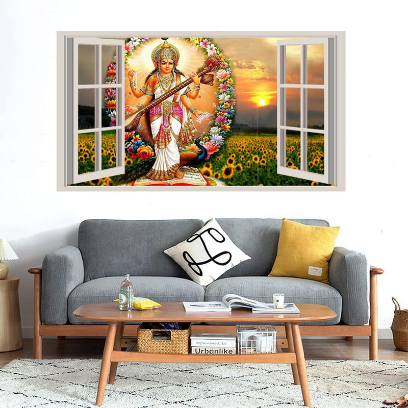 GADGETS WRAP Printed Wall Decal Sticker Fake Window Style Decal (90cm x 50cm) - Saraswati Goddess