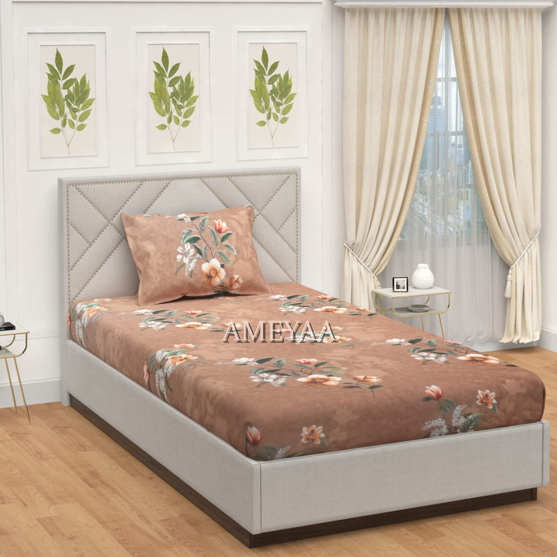 AMEYAA Cotton Feel All Around 36" x 72" Elastic Fitted Glace Printed Single Size Bed Bedsheet with 1 Large Pillow Covers Fits Upto Mattress of 8 Inch, (Copper Flowers)