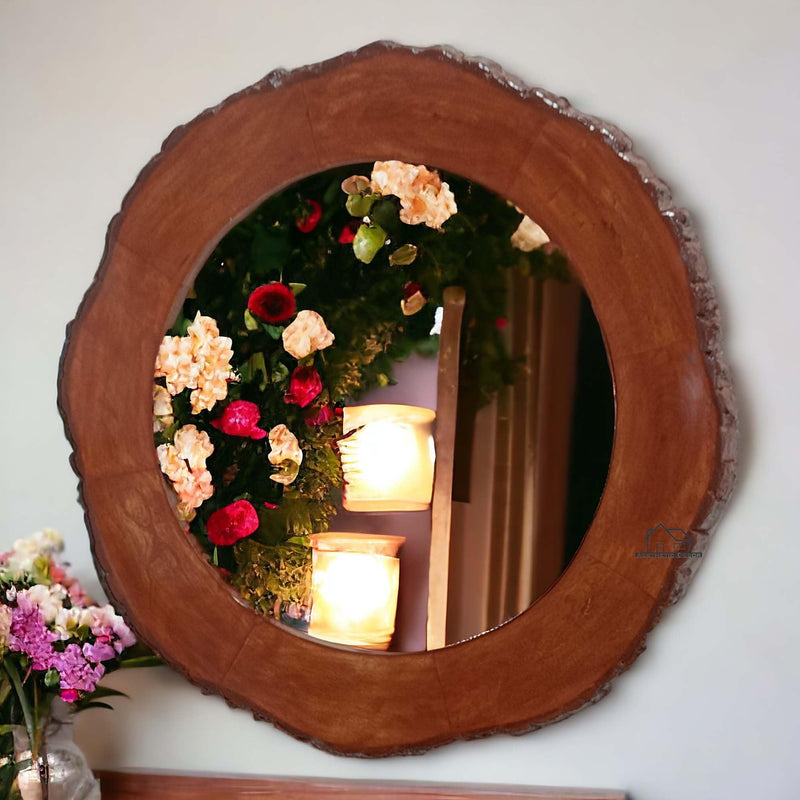 AESTHETIC DECOR Wooden Antique Handcrafted Frame with Wooden Bark Round Shape, with out Mirror Wall Mount for Makeup and Dressing,1.5" Inches Thickness (Natural Wood, 30x30) inch 2.5 feet