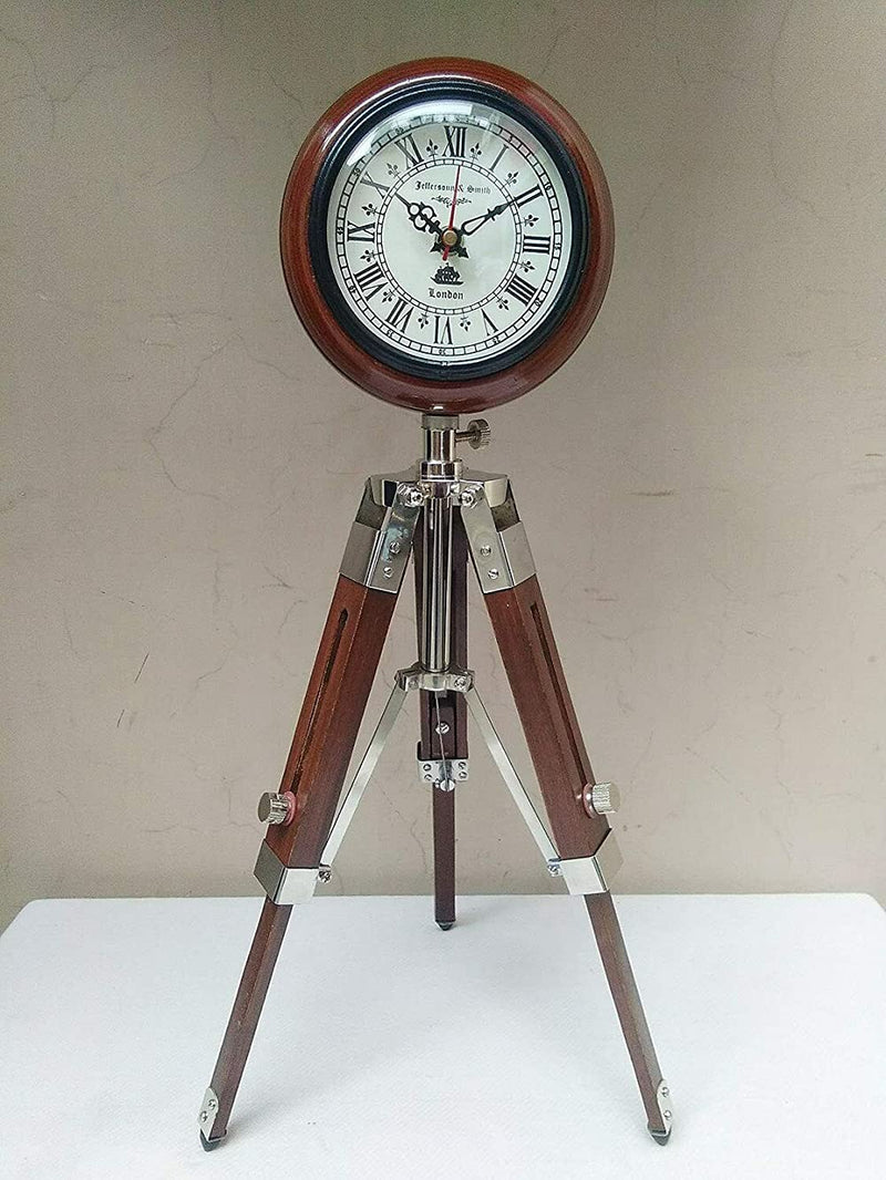 Crafty Hand Antique Nautical Tripod Stand Clock Steel Finish Table Clock Vintage Style Wood