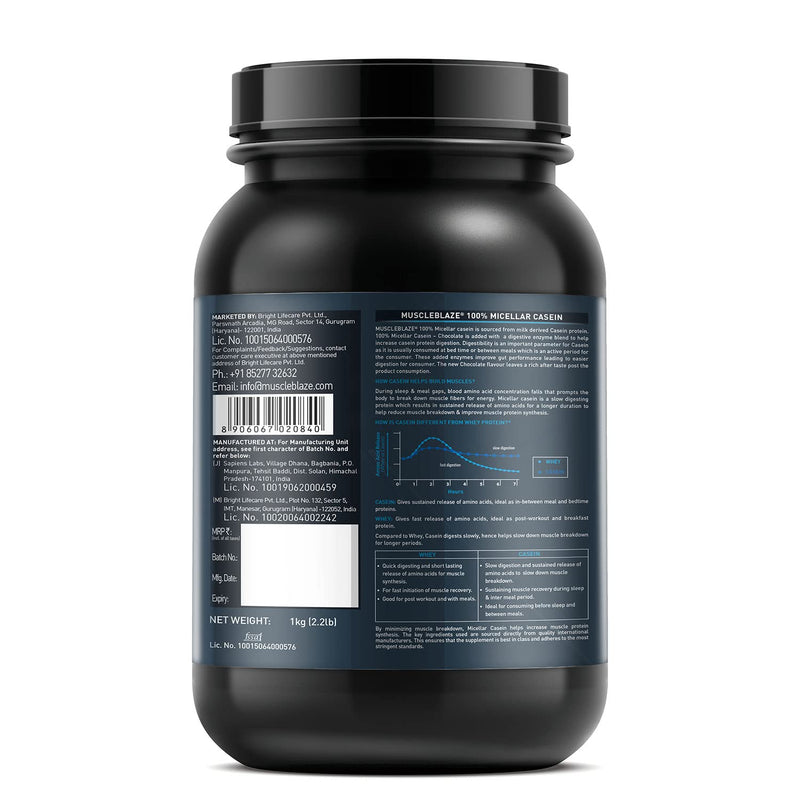 MuscleBlaze 100% Micellar Casein (Chocolate, 1 kg / 2.2 lb)