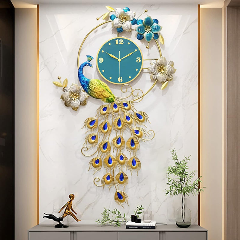 EKYLIP Peacock Digital Wall Clocks Large Decorative, Big Clock For Wall Living Room Decor, European Style Peacock Wall Clock Crystal Luxury Clock Creative Personality Modern(62X102Cm)