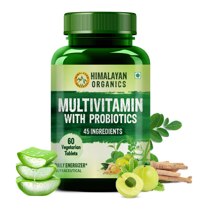 Himalayan Organics Multivitamin With Probiotics - 45 Ingredients Supplement For Men And Women | Vitamin C, D, E, B3, B5, B12, Zinc, Magnesium, Giloy & Biotin | Good For Bone & Joint Support | Gut health - 60 Veg Tablets