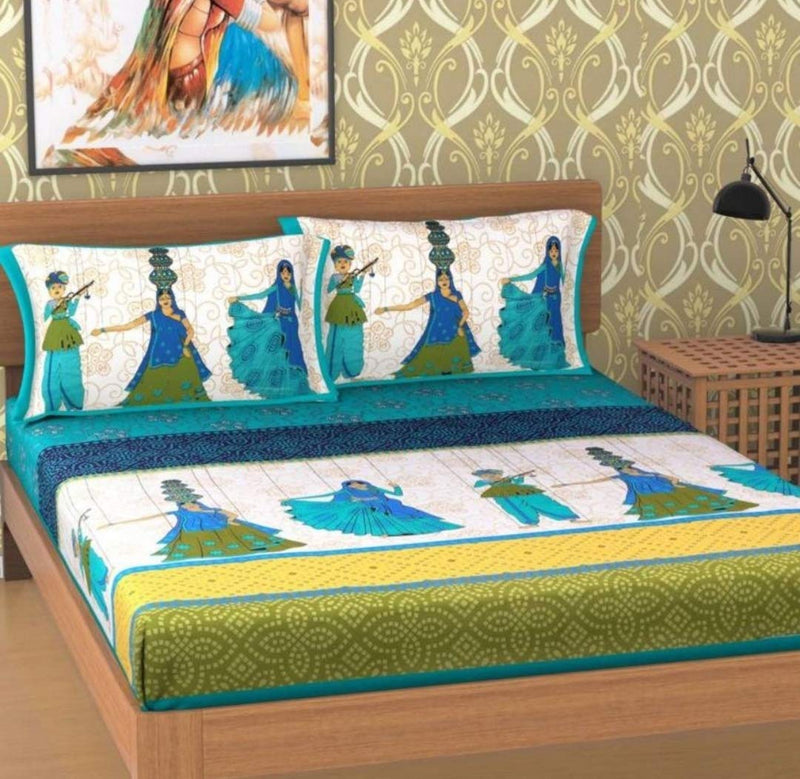 Homeliving Cotton Sanganeri Rajasthani Panihary Printed 90 X 100 Size Double Bedsheets with 2 Pillow Cover