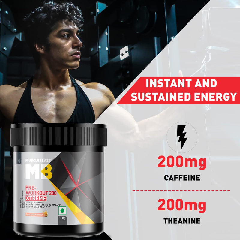 MuscleBlaze Pre Workout (Fruit Punch, Pack of 100 g powder, 15 Servings) 200 Xtreme, 200mg Caffeine, 200mg Theanine, 2000mg Beta Alanine, 3000mg Citrulline