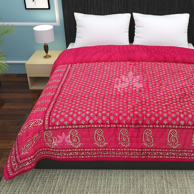 Rexxica 220 TC Single Bed Organic Cotton Jaipuri Razai Bed Blanket Ac Quilt for Winter Soft Light Weight Rajasthani Traditional Rajai Cotton Comforter 57 x 84 inch (Rani)