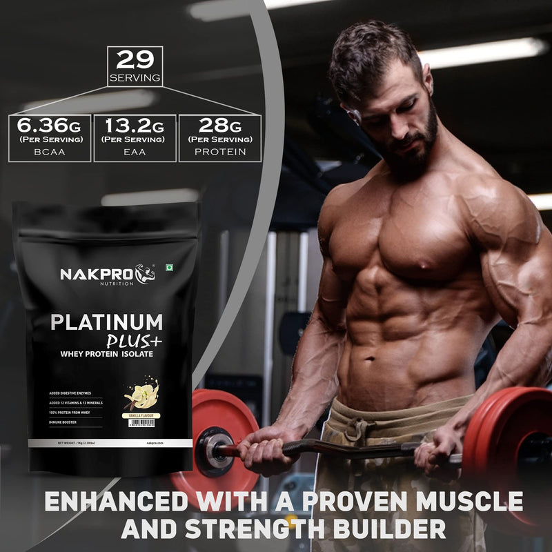 NAKPRO Platinum Plus+ Whey Protein Isolate with Digestive Enzymes | 28g Protein, 6.36g BCAA |Added Vitamins & Minerals (Vanilla, 1 Kg)