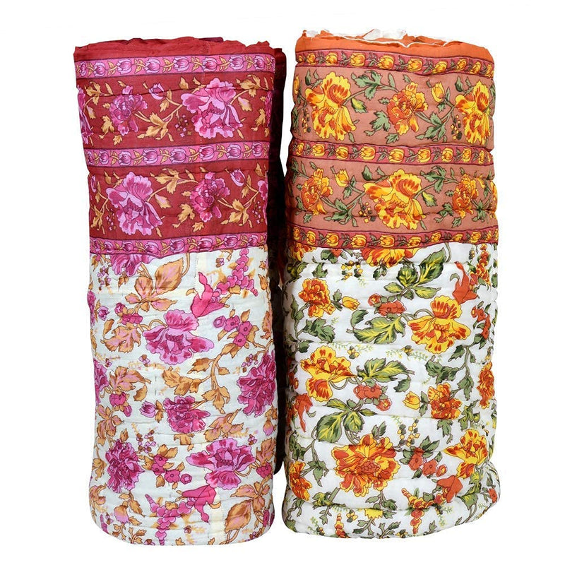 MANAVI ENTERPRISES Rajasthani Jaipuri Pure Organic Cotton Floral Printed Skin Friendly Single Bed AC Room's Blanket Jaipuri Razai/Rajai/Quilt/Blanket/Dohar (Beige/Pink) (Pack of-2)