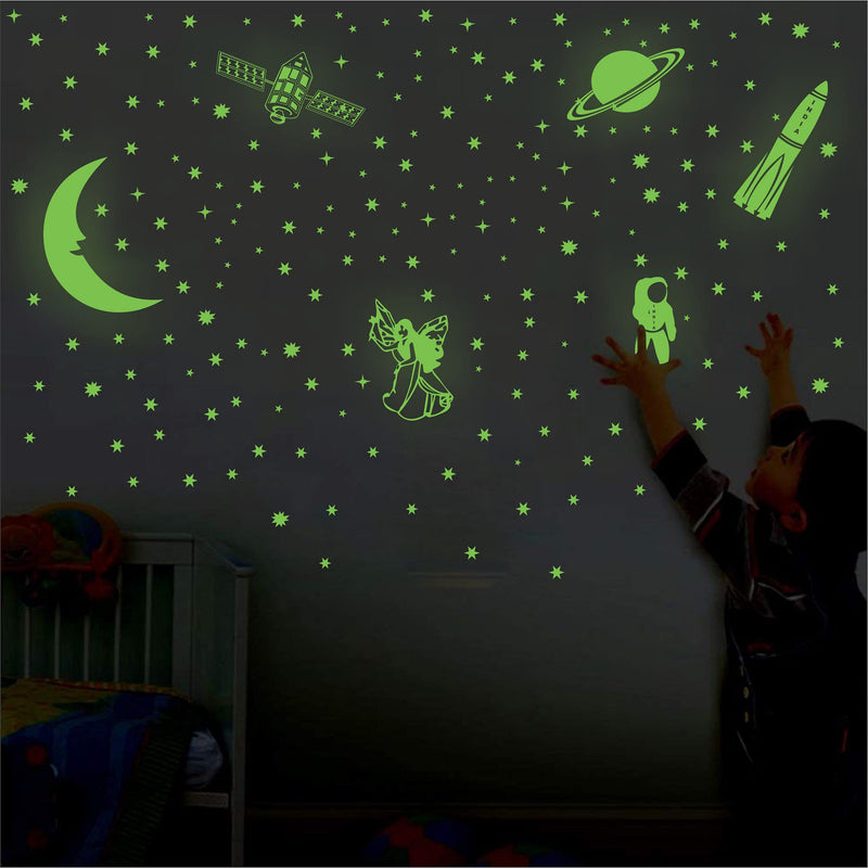 WallDaddy Vinyl Fluorescent Night Glow In The Dark Star Space Wall Self-Adhesive Sticker (Pack Of 134 Stars Big And Small, Green, 12)