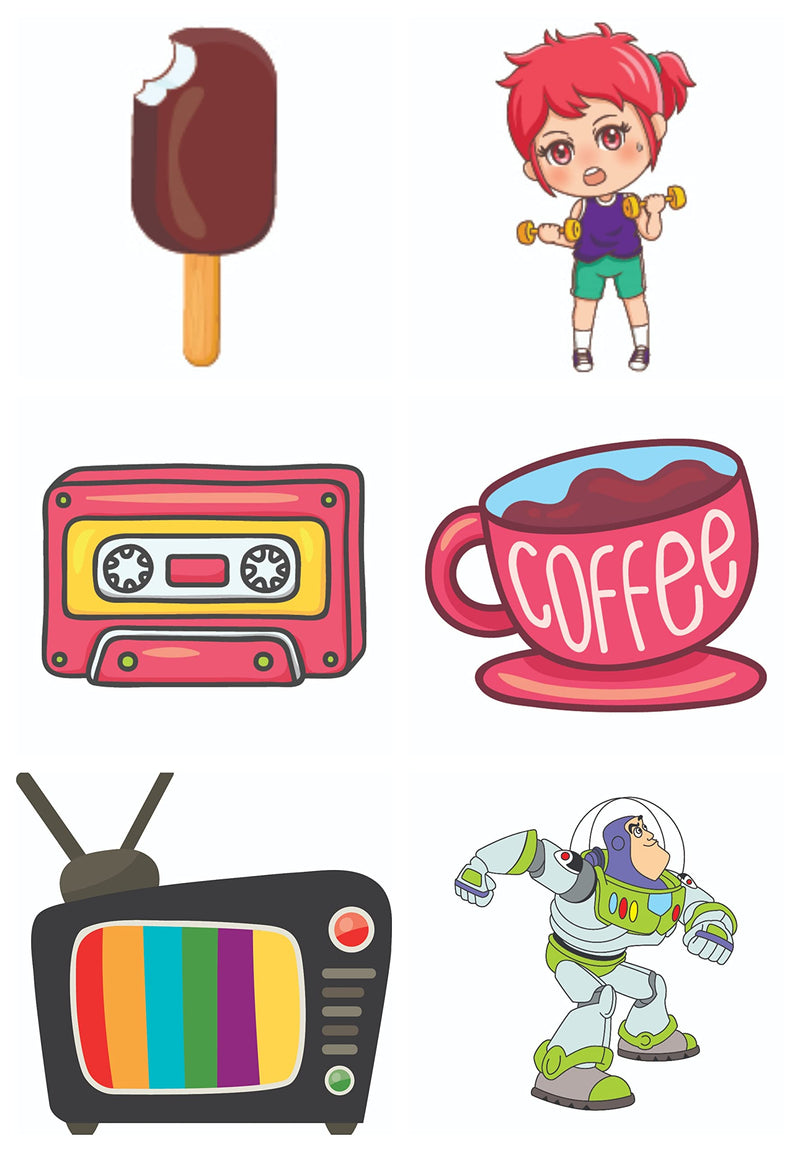 Bhai Please Chocobar, Dumble Girl, Cassette Player, Coffee Cup, Television and Buzz Lightyear Wooden Fridge Magnet (Pack of 6 pcs, one pc Each Design)