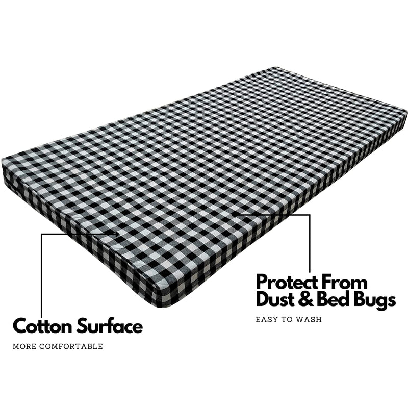 Deevine Craft 4 Inch Thick Pure Pu Foam Mattress Single High Density PU Foam Mattress Extremely Soft Cum Reversible Foldable Dual Comfort Mattress Gingham Plaid Black and White Check 72X35X4 Inches