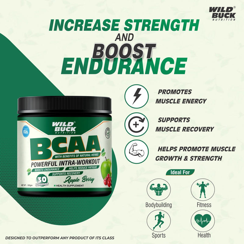 WILD BUCK Bcaa Powder With Natural & Powerful Herbs For Muscle Endurance & Growth, Recovery & Hydration|Pre, Intra & Post Workout Bcaas Supplement For Women & Men [Apple Berry, 30 Servings, 300G]