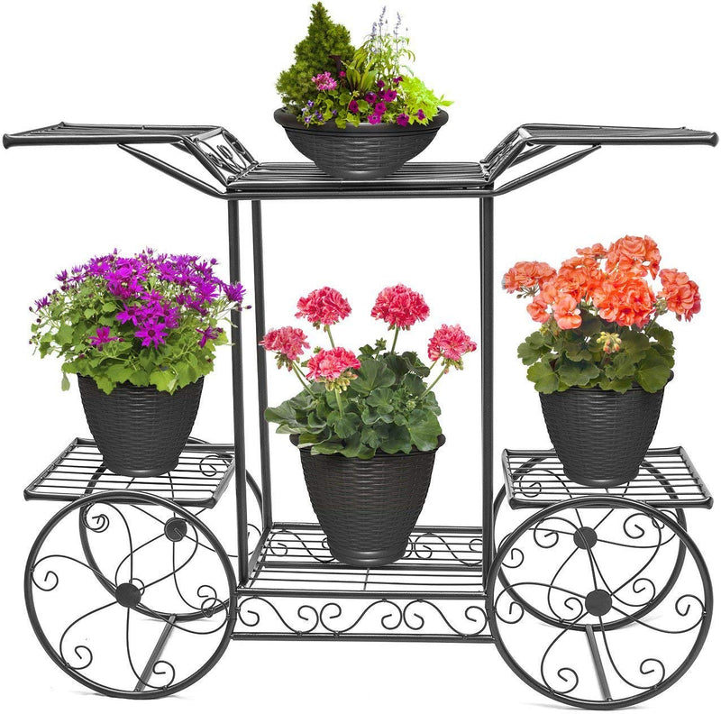 Kundi 6-Tier Cart Planter Stand, Outdoor Flower Rack Flower Pot Display Rack 62x69x22cm (White) (Black)