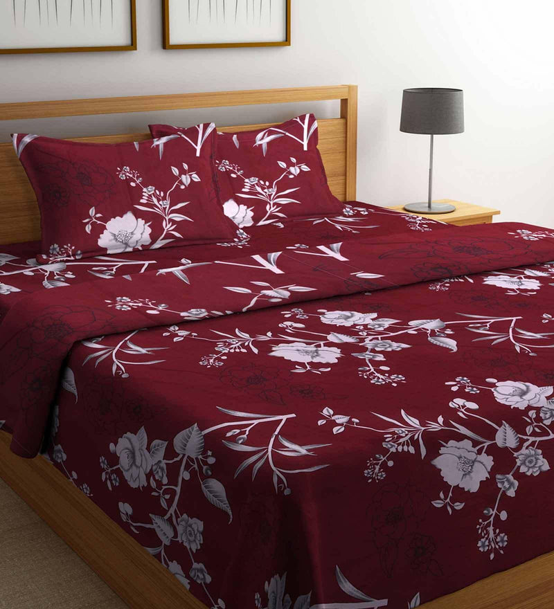 GreenElephant Floral Print Double Bed Bedsheet, 90 x 100 Inches, 210 Thread Count Cotton Blend Flat Sheet, Includes Pillow Covers, Red Silhouette Floral Print