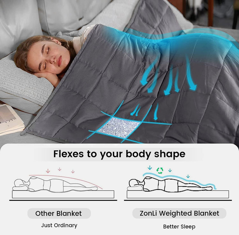 ZonLi Adults Weighted Blanket 20 lbs | 60'x80' | Cooling Weighted Blanket for Adults 180-220 lbs | Grey | Premium Cotton with Glass Beads