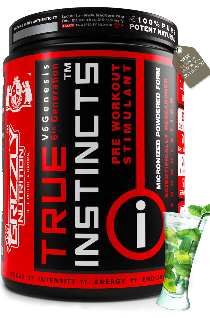 Grizzly Nutrition True Instincts Pre Workout - 425gram/ 60 Servings (Natural Lime Mojito Flavour)