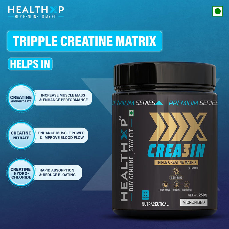 HealthXP Micronised CREA3IN Triple Creatine Matrix (Creatine Monohydrate, Creatine Hydrochloride,Creatine Nitrate) 250gm, Unflavoured, 83 servings