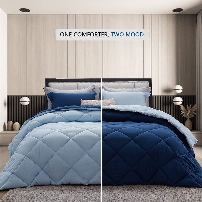 SOVOMA Microfiber Reversible AC Winter Quilt Comforter Blanket for Single Bed Queen Size (Single Bed, Dark Blue & Sky Blue)