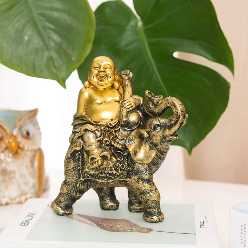 YINASI Feng Shui Handmade Maitreya Laughing Buddha Statue, Laughing Buddha on Elephant Sculpture Figurine for Lucky & Happiness God of Wealth Home Office Hotel Tabletop Desk Decoration